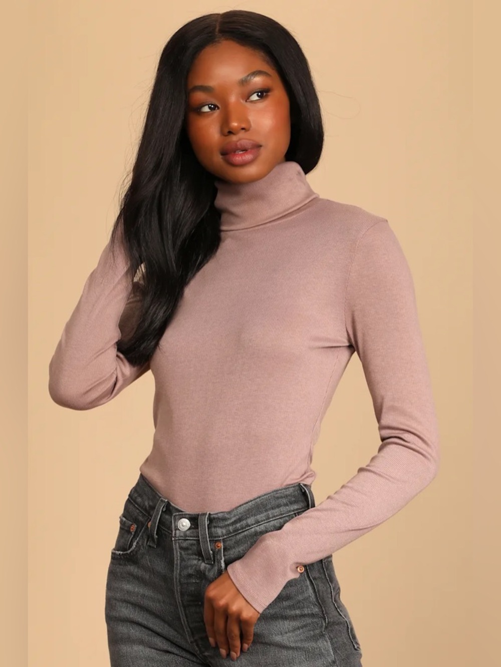 Lulu's Sherie Taupe Ribbed Long Sleeve Turtleneck Top Size Small